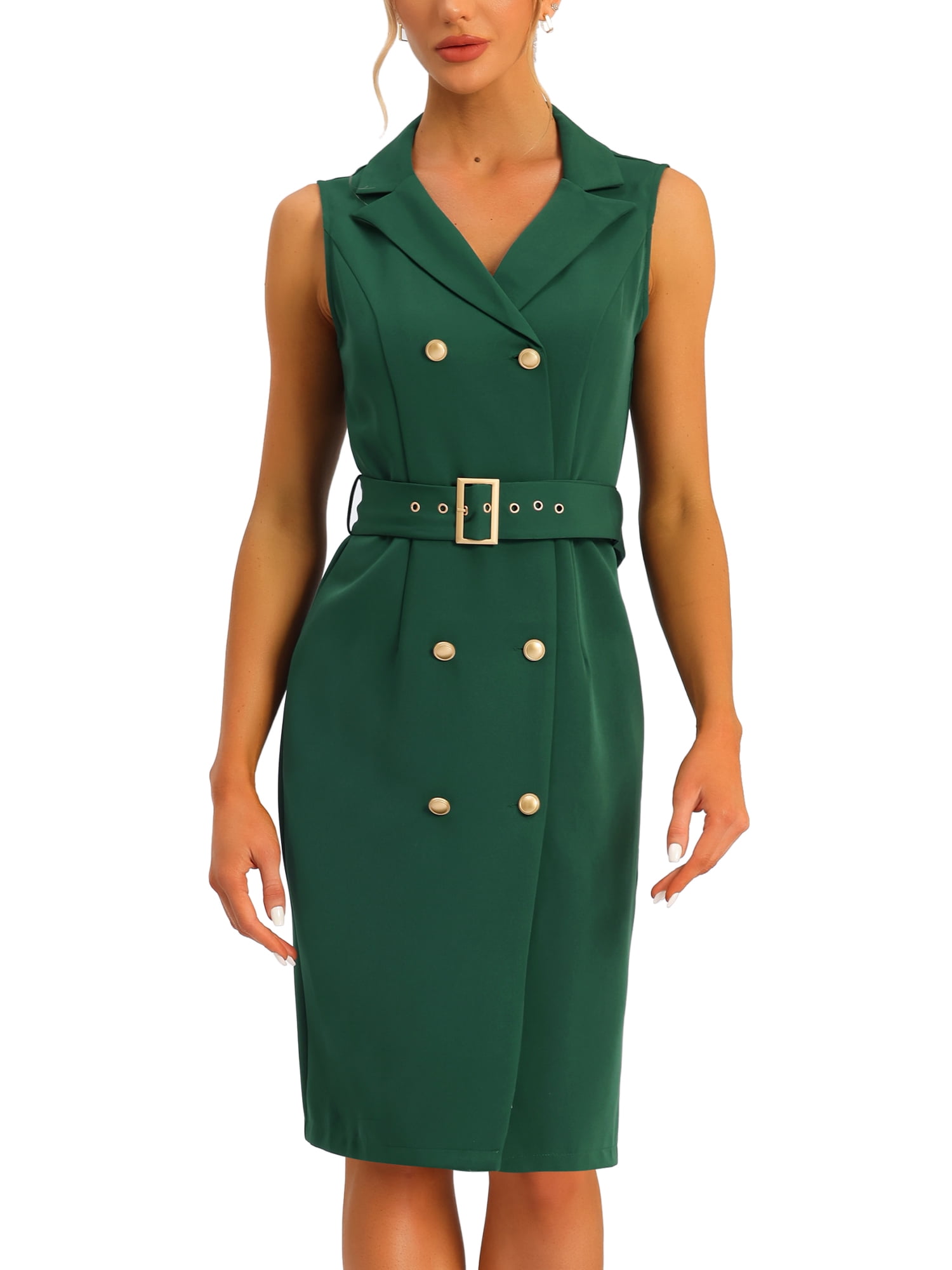 DARING DIVA Sleeveless Notched Lapel Double Breasted Blazer Dresses XS Dark Green