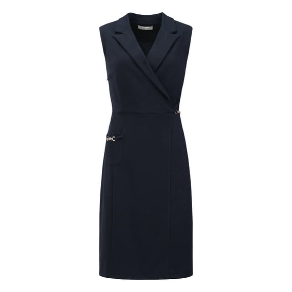 DARING DIVA Women's Sleeveless Notched Lapel Faux Wrap Dress S Navy Blue
