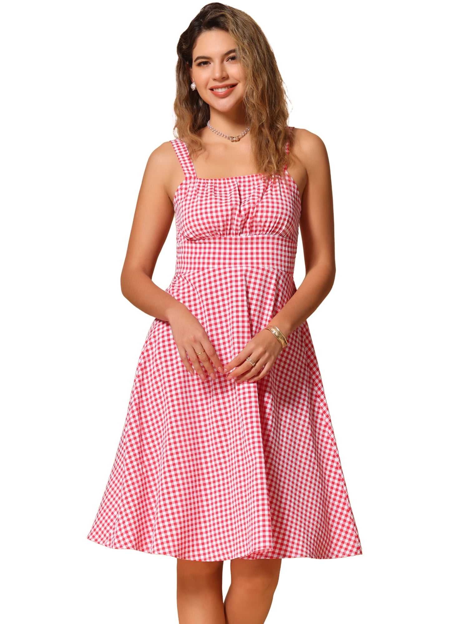 DARING DIVA Sleeveless Plaid Ruched A-Line Flowy Midi Dress L Red
