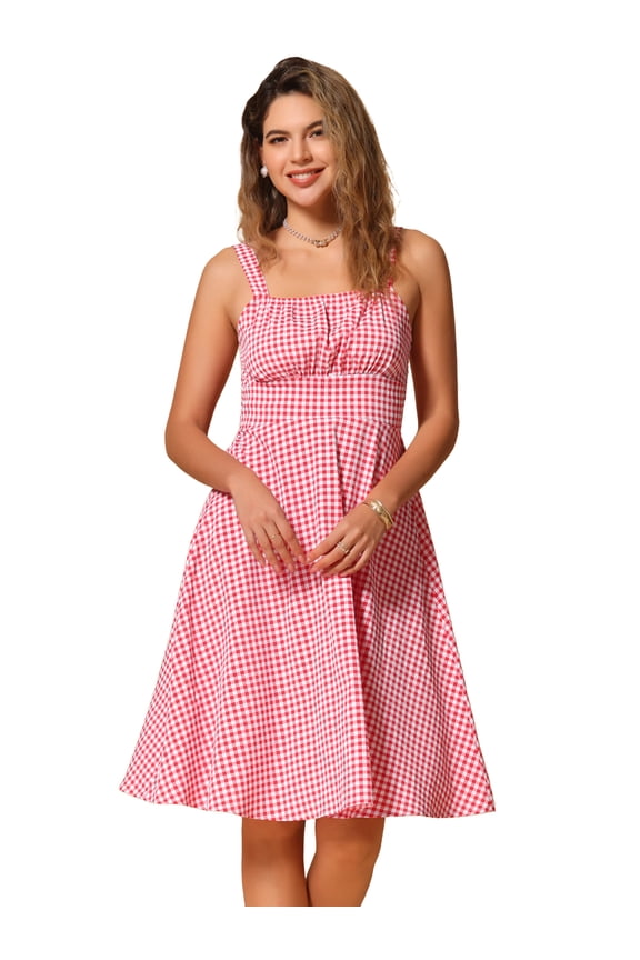 Sleeveless Plaid Ruched A-Line Flowy Midi Dress L Red