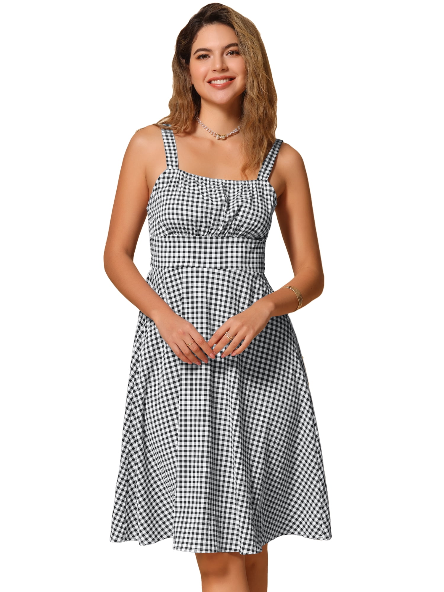 DARING DIVA Sleeveless Plaid Ruched A-Line Flowy Midi Dress XS Black