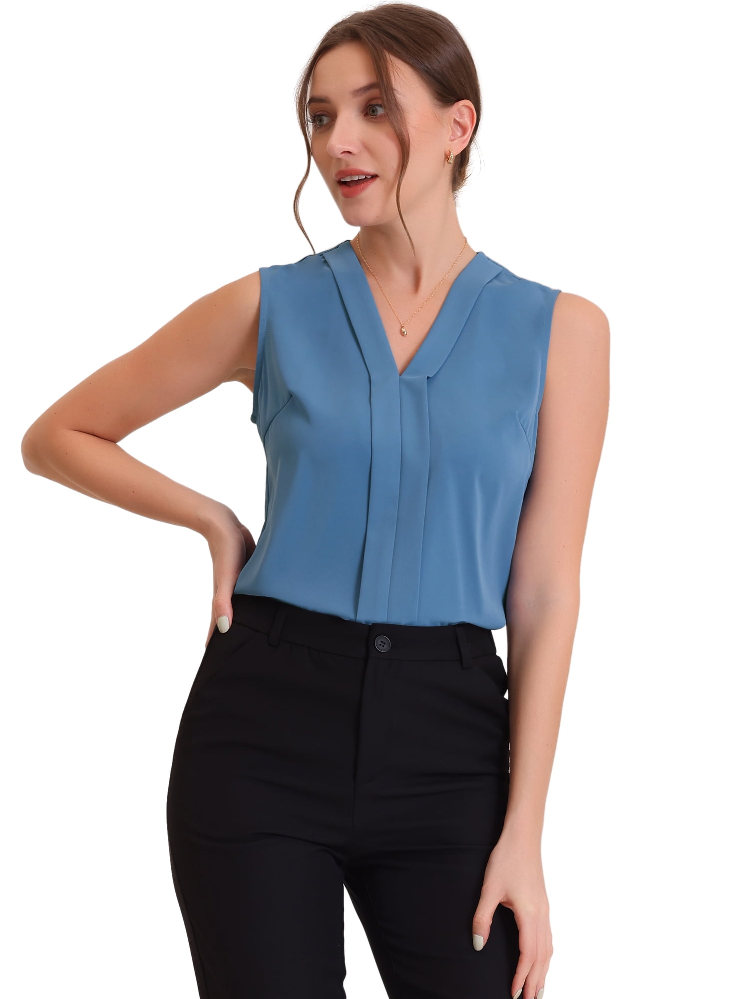 DARING DIVA Sleeveless Pleated Front Work Office Blouse L Blue Gray