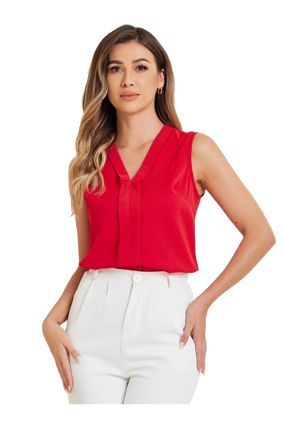 Sleeveless Pleated Front Work Office Blouse XS Red