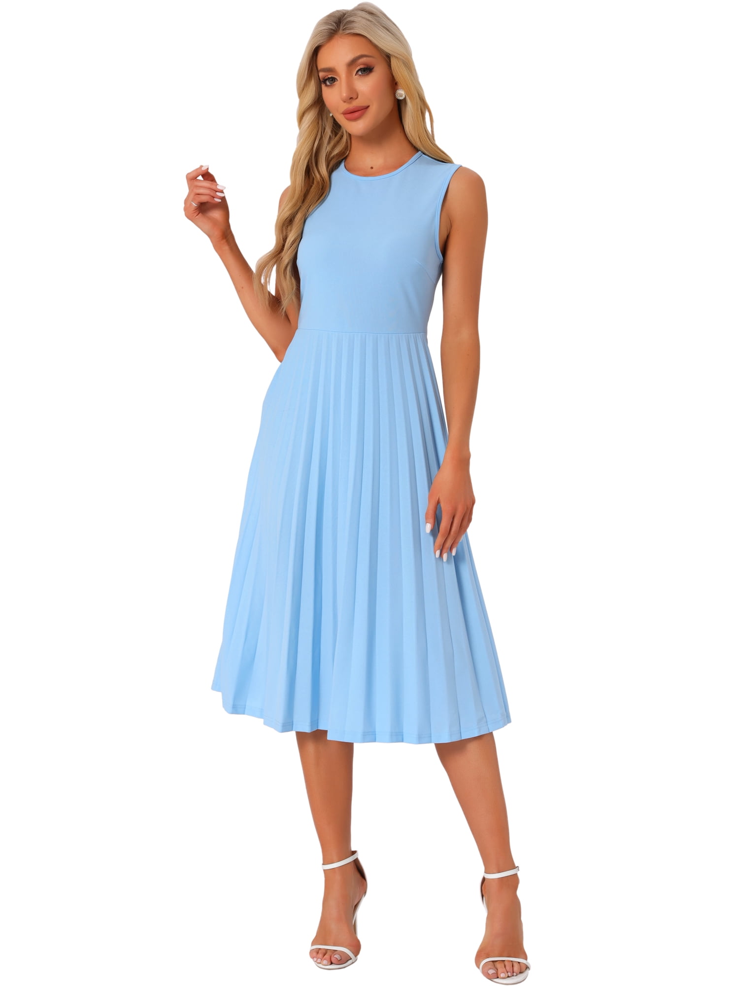 DARING DIVA Sleeveless Pleated Ruffle Hem Crew Neck Dress M Light Blue