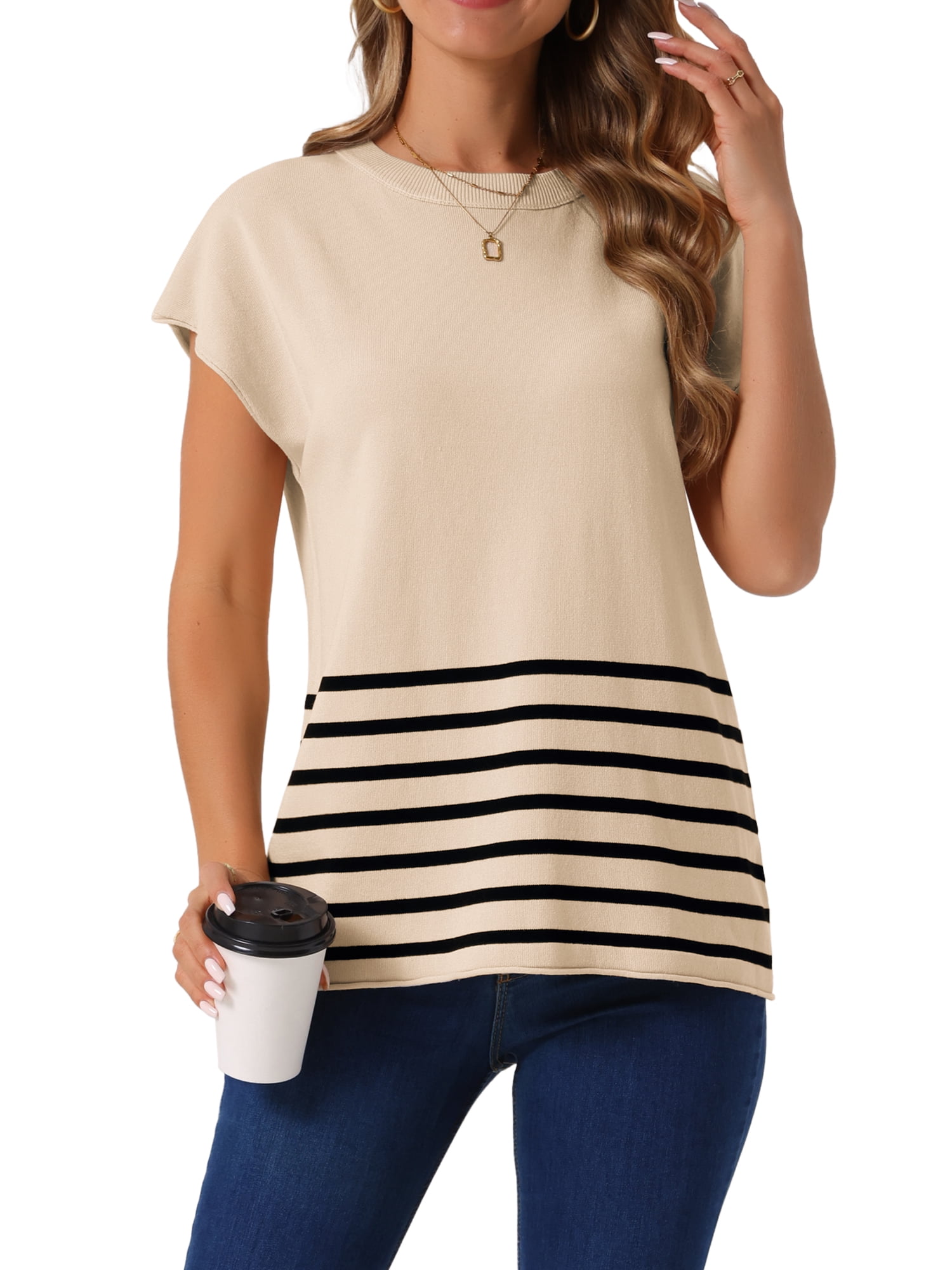 DARING DIVA Sleeveless Round Neck Striped Sweater Vest Cap Sleeve L Apricot