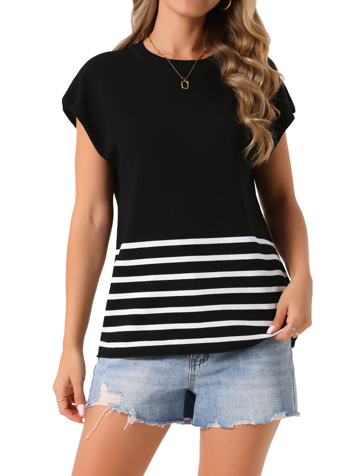 DARING DIVA Sleeveless Round Neck Striped Sweater Vest Cap Sleeve L Black
