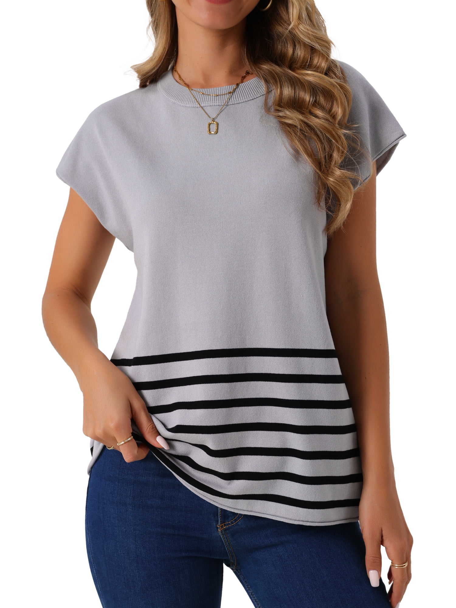 DARING DIVA Sleeveless Round Neck Striped Sweater Vest Cap Sleeve L Grey