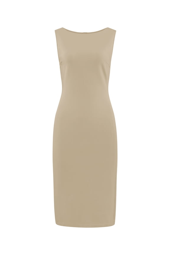 Sleeveless Sheath Boat Neck Pencil Dress M Beige
