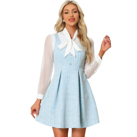 DARING DIVA Sleeveless Square Neck Button Plaid A-Line Tweed Dress M Light Blue