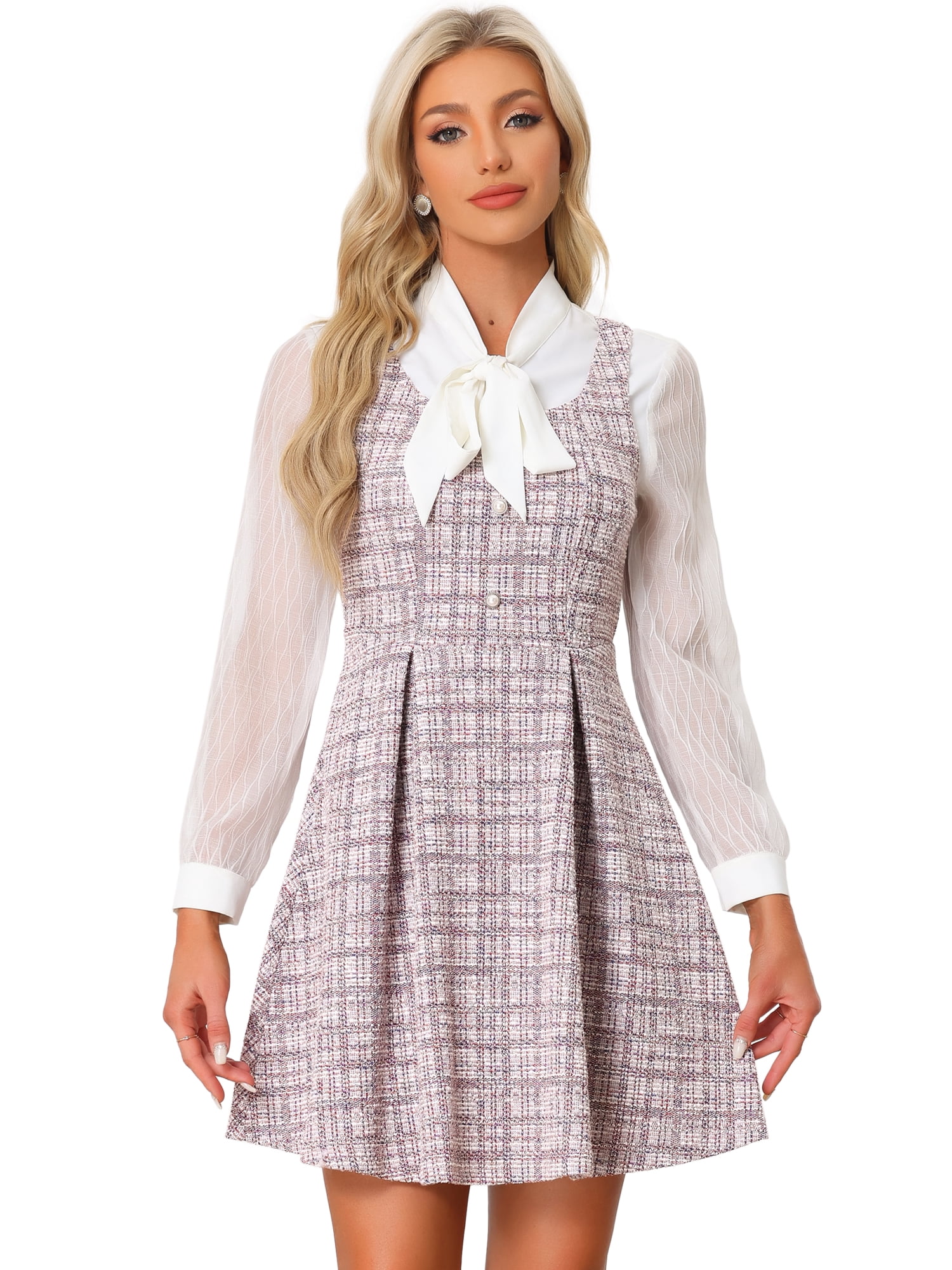 DARING DIVA Sleeveless Square Neck Button Plaid A-Line Tweed Dress M Pink