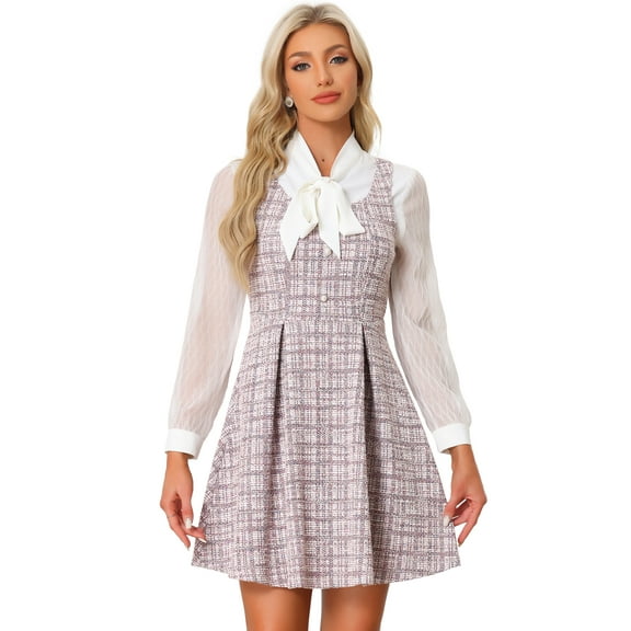 DARING DIVA Sleeveless Square Neck Button Plaid A-Line Tweed Dress M Pink