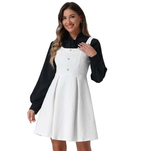 DARING DIVA Sleeveless Square Neck Button Plaid A-Line Tweed Dress M White