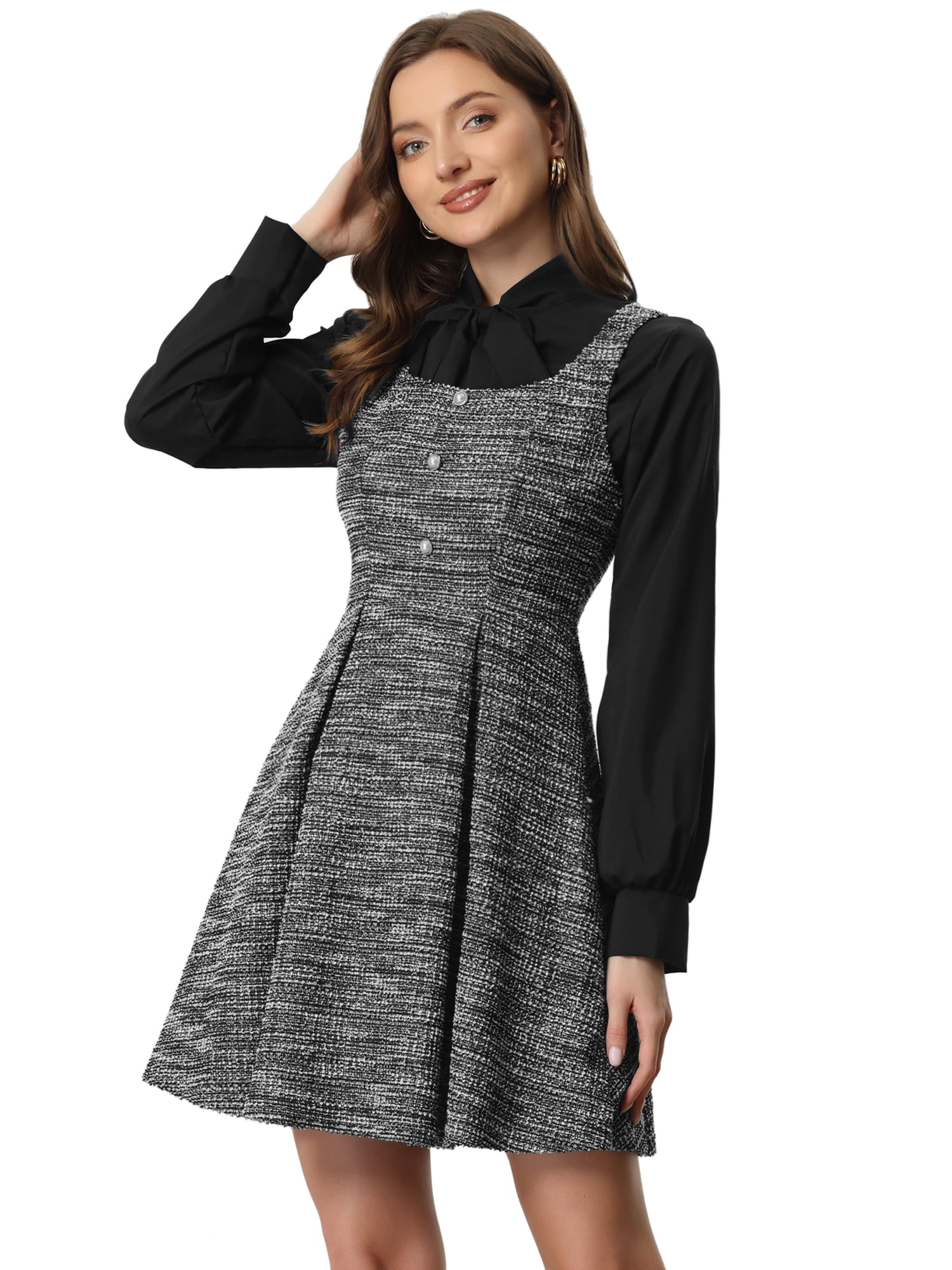 DARING DIVA Sleeveless Square Neck Button Plaid A-Line Tweed Dress XS Black