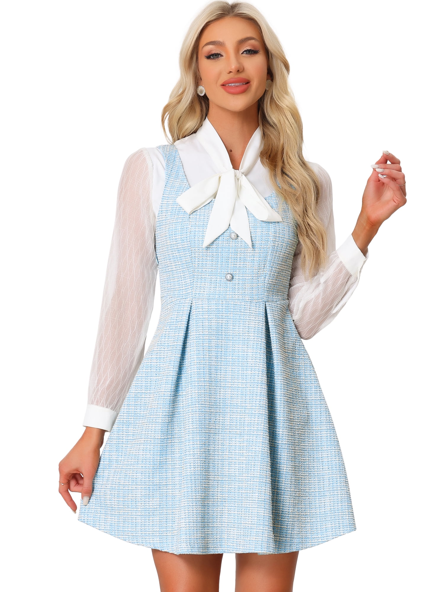 DARING DIVA Sleeveless Square Neck Button Plaid A-Line Tweed Dress XS Light Blue