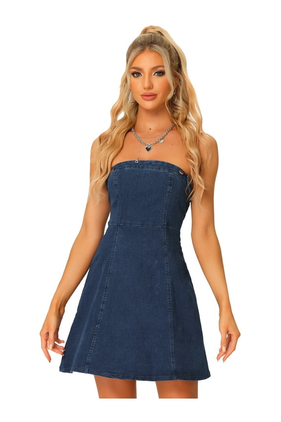 Sleeveless Stapless Denim Dress Mini Dress XS Blue
