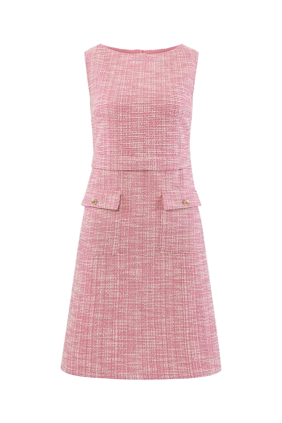 Sleeveless Tweed Boat Neck Sheath Dress L Pink