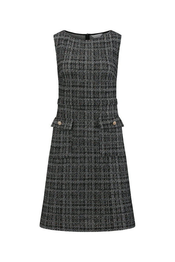 Sleeveless Tweed Boat Neck Sheath Dress M Black