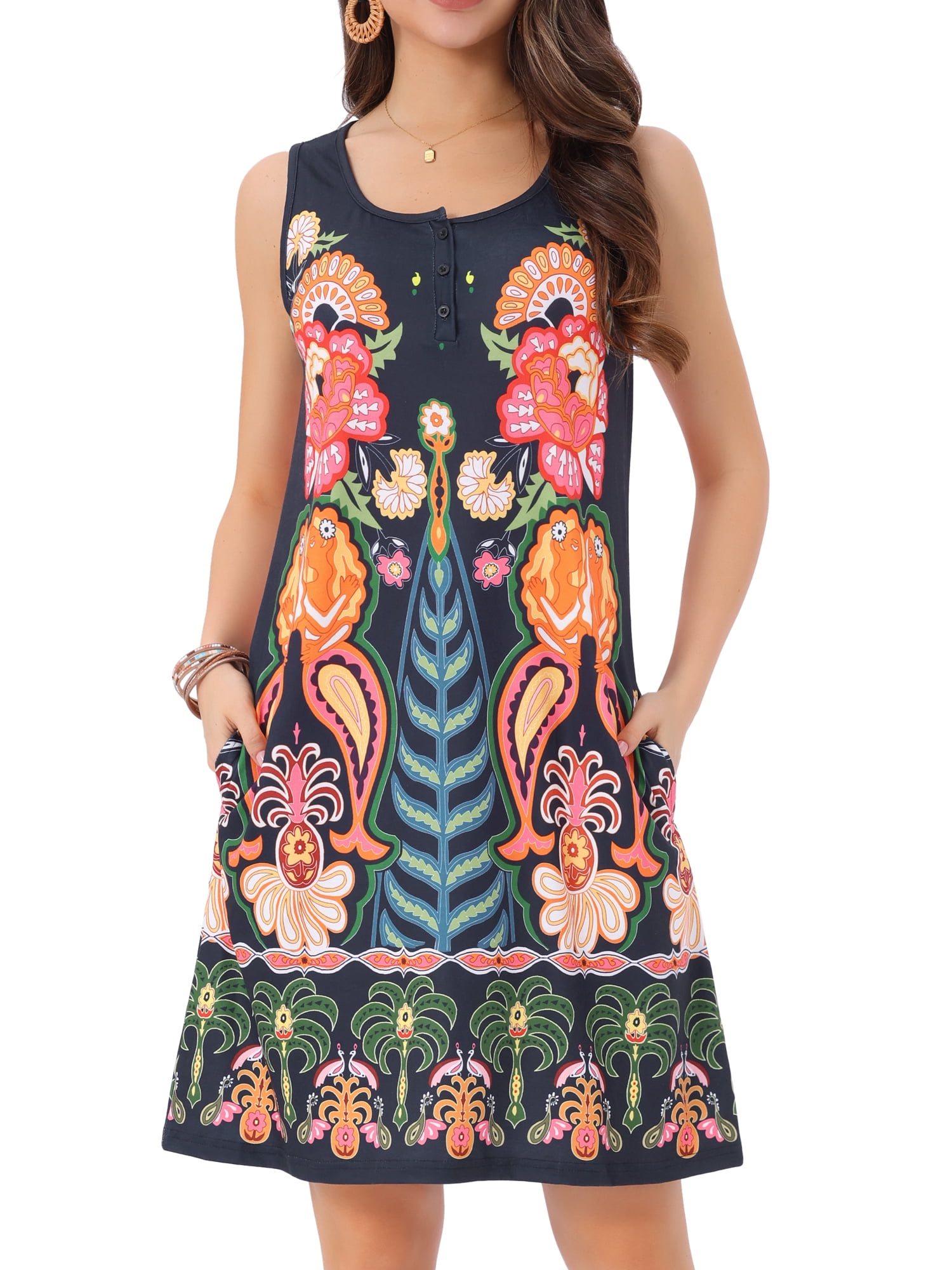 DARING DIVA Sleeveless U Neck Button Down Tank Dress XL Black Floral