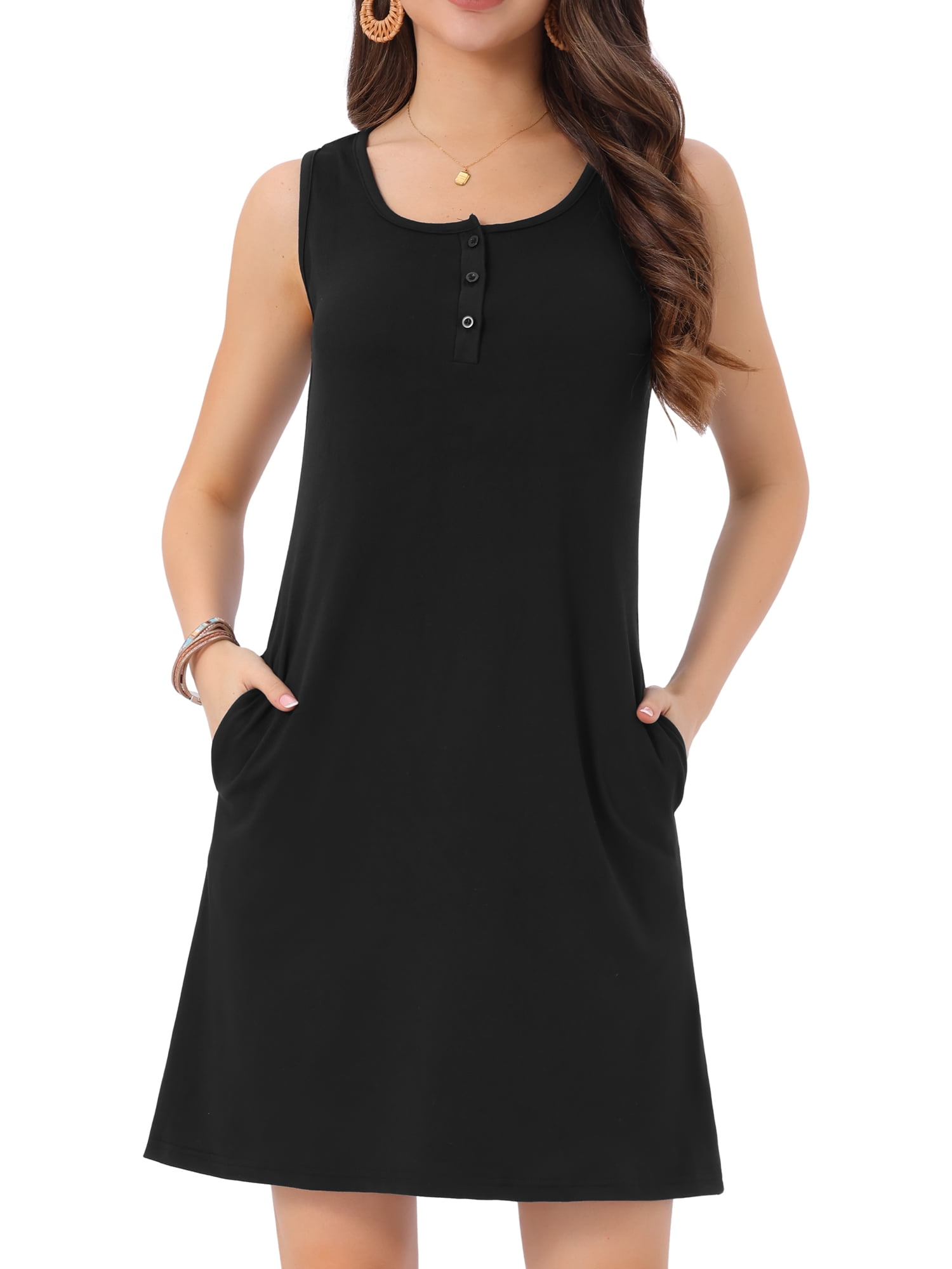 DARING DIVA Sleeveless U Neck Button Down Tank Dress XL Black