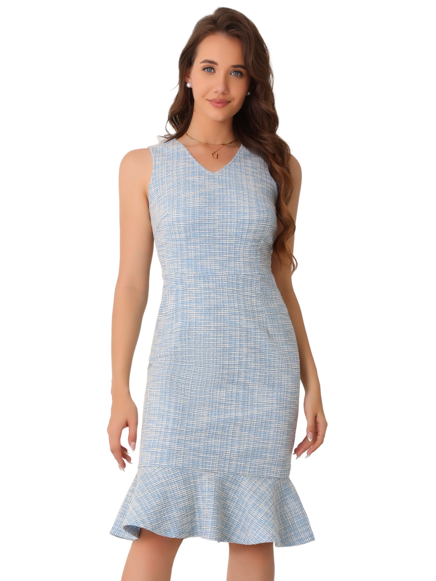 DARING DIVA Sleeveless V Neck Ruffles Bodycon Plaid Dress S White Blue