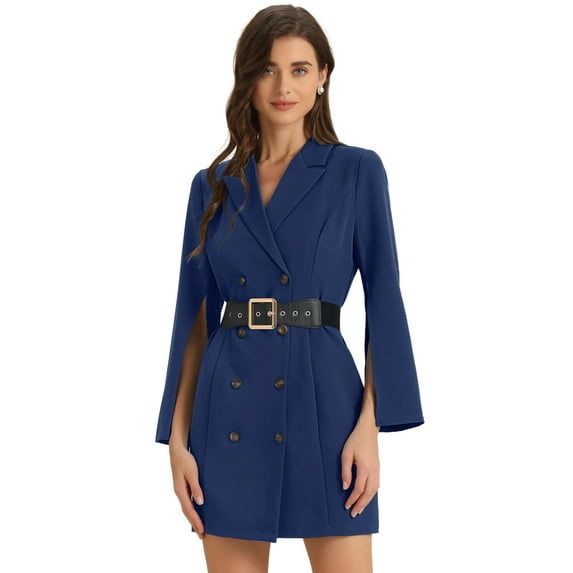 DARING DIVA Slit Sleeve Belted Double Breasted Blazer Dress XL Dark Blue