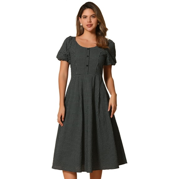 DARING DIVA Smocked Back Puff Short Sleeve Midi Dress S Black