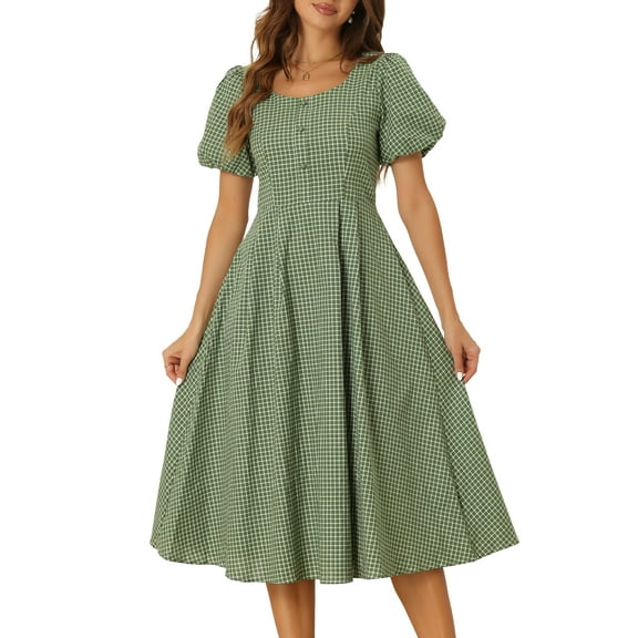 DARING DIVA Smocked Back Puff Short Sleeve Midi Dress XS Green