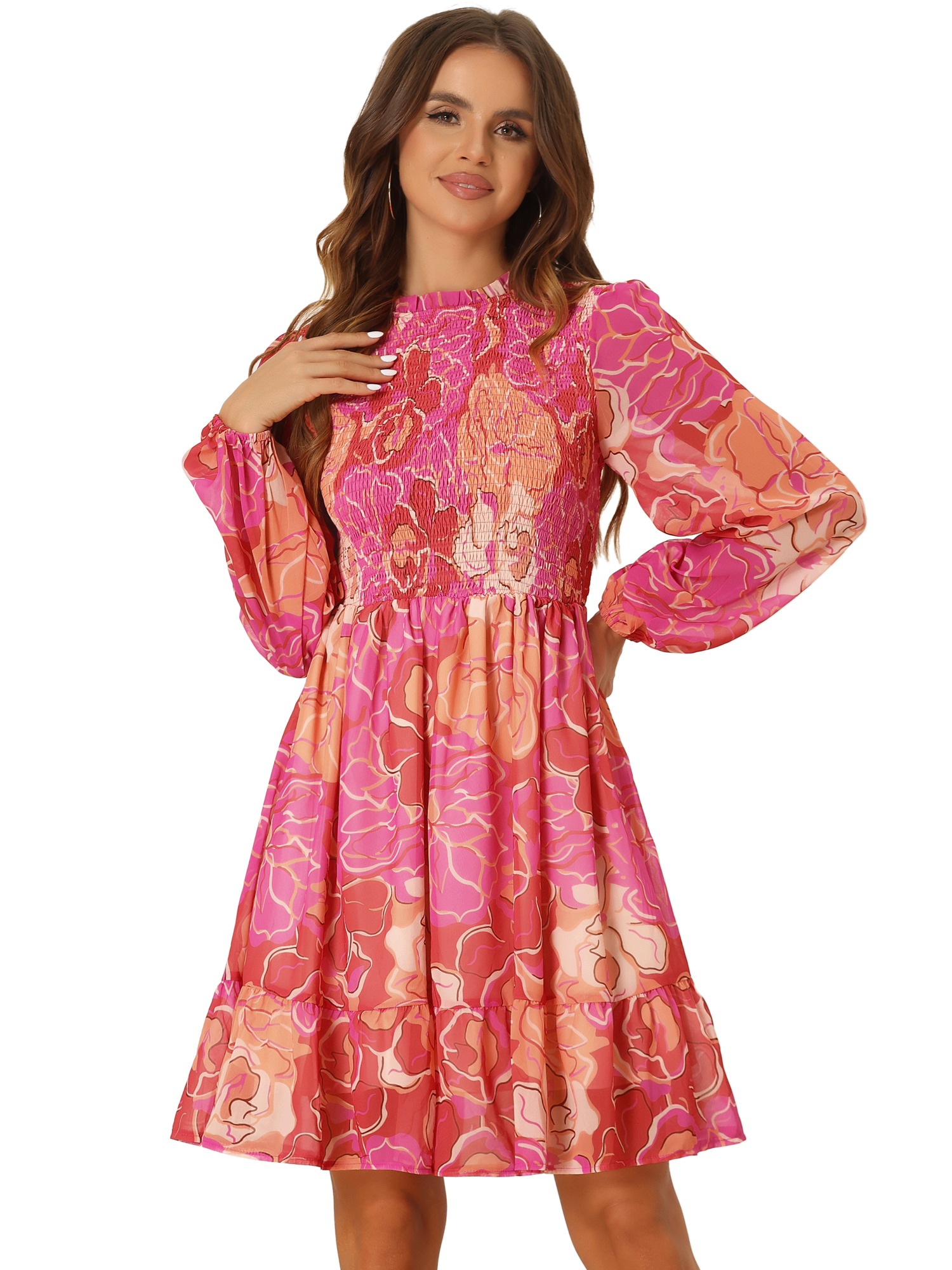 DARING DIVA Smocked Ruffle Neck Chiffon Dress XS Rose Pink