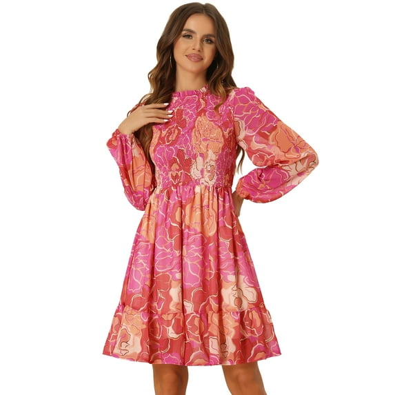 DARING DIVA Smocked Ruffle Neck Chiffon Dress XS Rose Pink