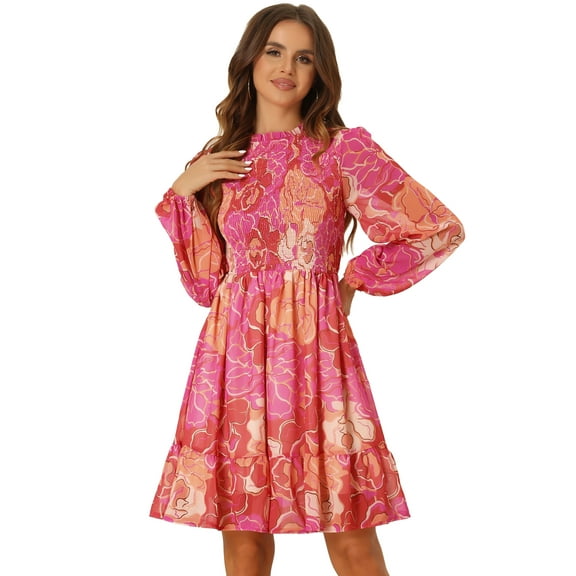 DARING DIVA Smocked Ruffle Neck Chiffon Dress XS Rose Pink