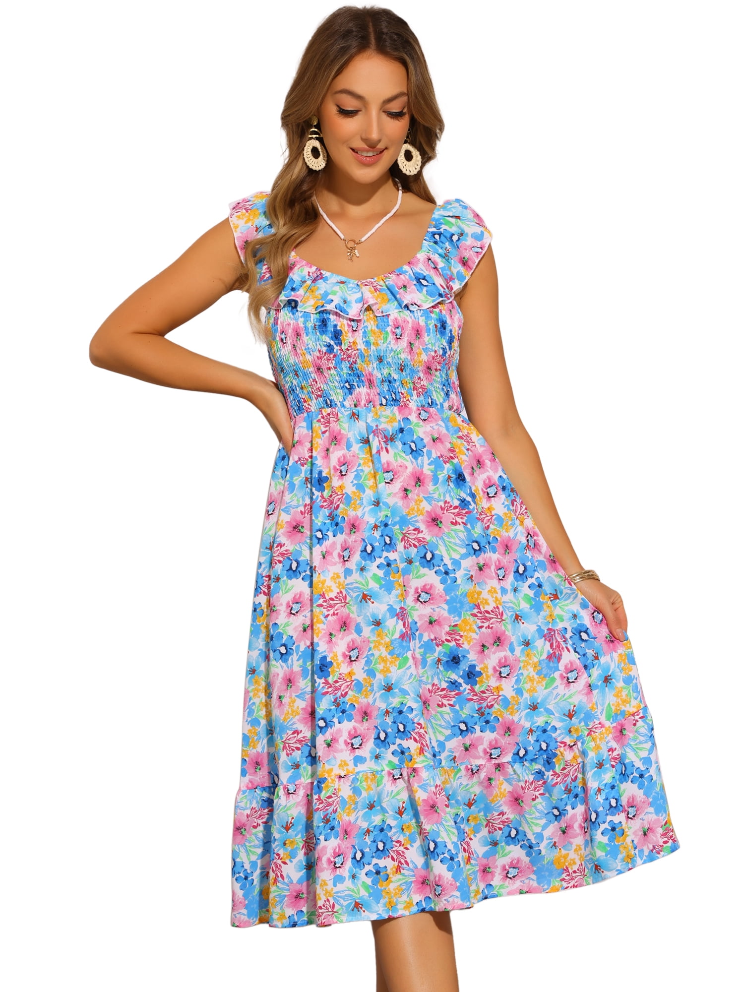 DARING DIVA Smocked Sleeveless Ruffle Neck Flowy Floral Midi Dress XS Blue Pink