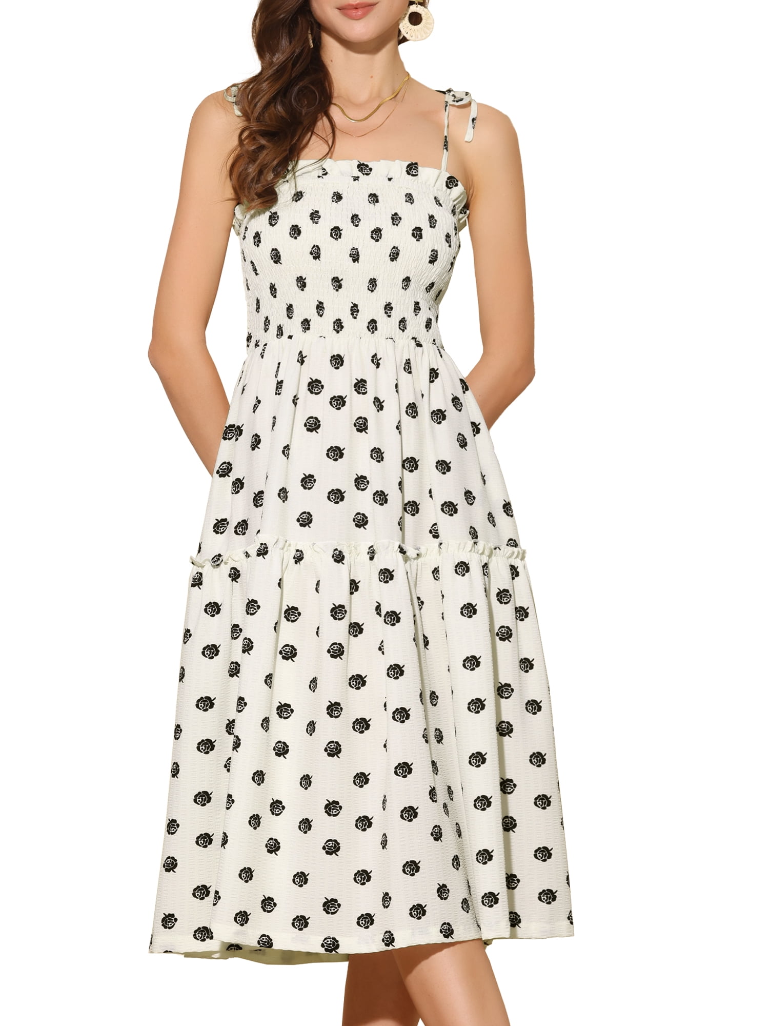 DARING DIVA Smocked Spaghetti Strap Sleeveless Tiered Floral Midi Dress XL Beige