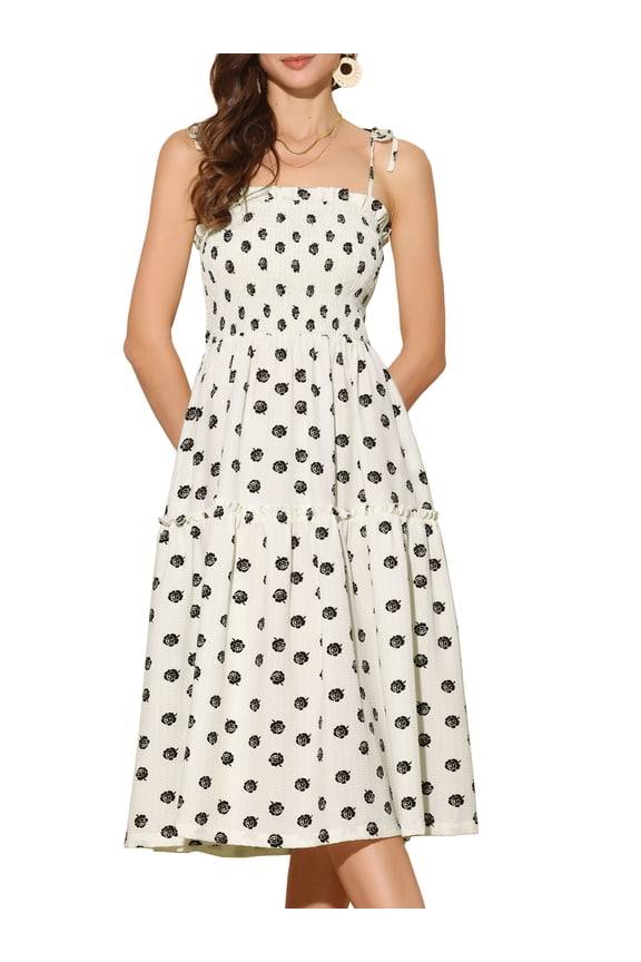 Smocked Spaghetti Strap Sleeveless Tiered Floral Midi Dress XL Beige