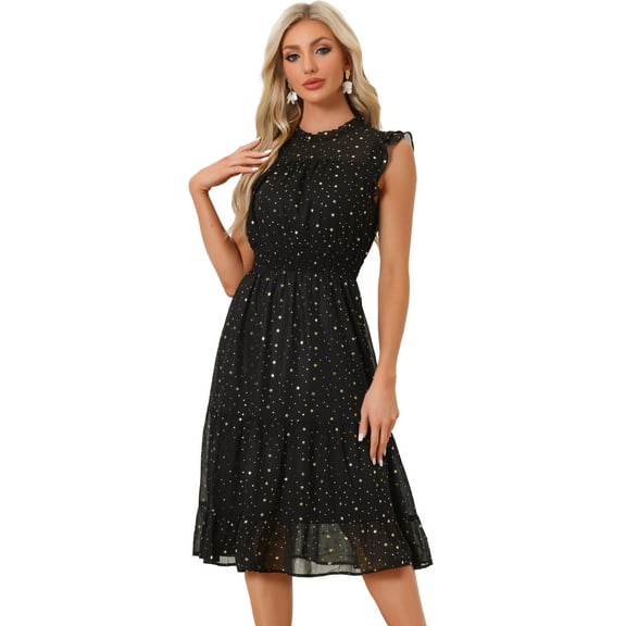 DARING DIVA Smocked Waist Gilding Metallic Stars Chiffon Dress L Black