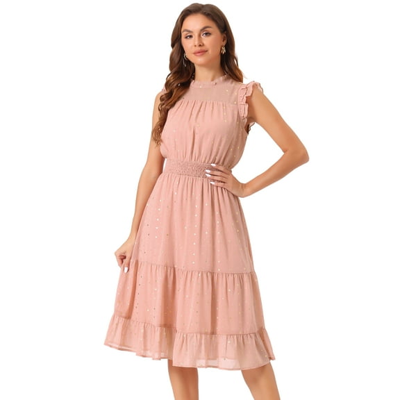 DARING DIVA Smocked Waist Gilding Metallic Stars Chiffon Dress L Dusty Pink