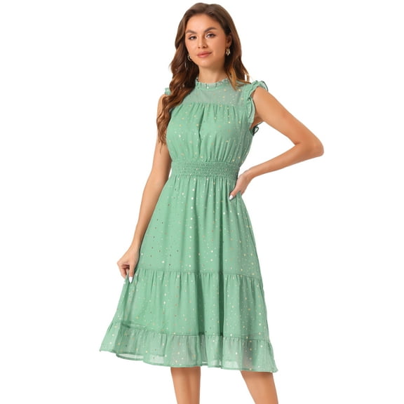 DARING DIVA Smocked Waist Gilding Metallic Stars Chiffon Dress L Green
