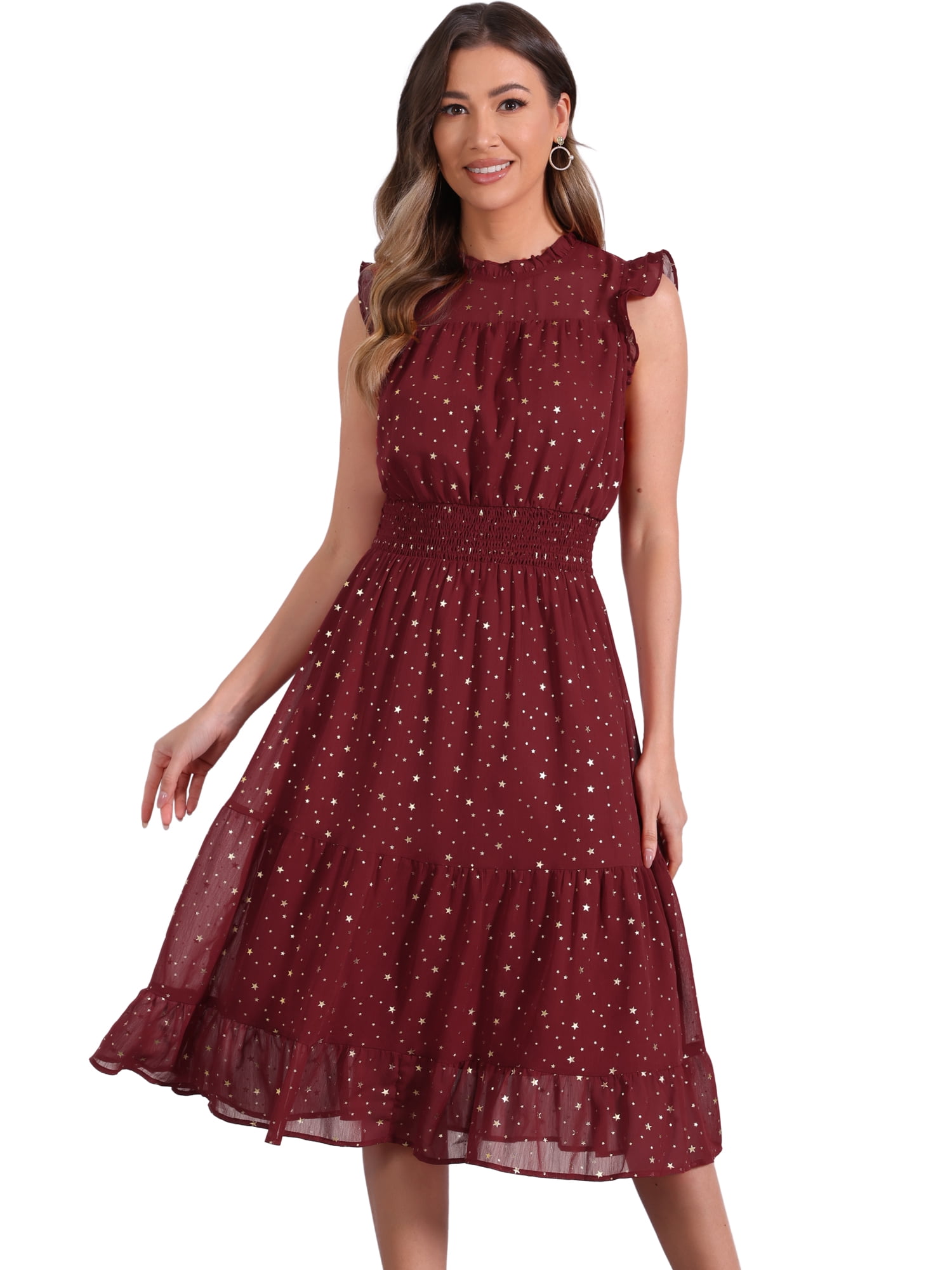 DARING DIVA Smocked Waist Gilding Metallic Stars Chiffon Dress M Dark Red