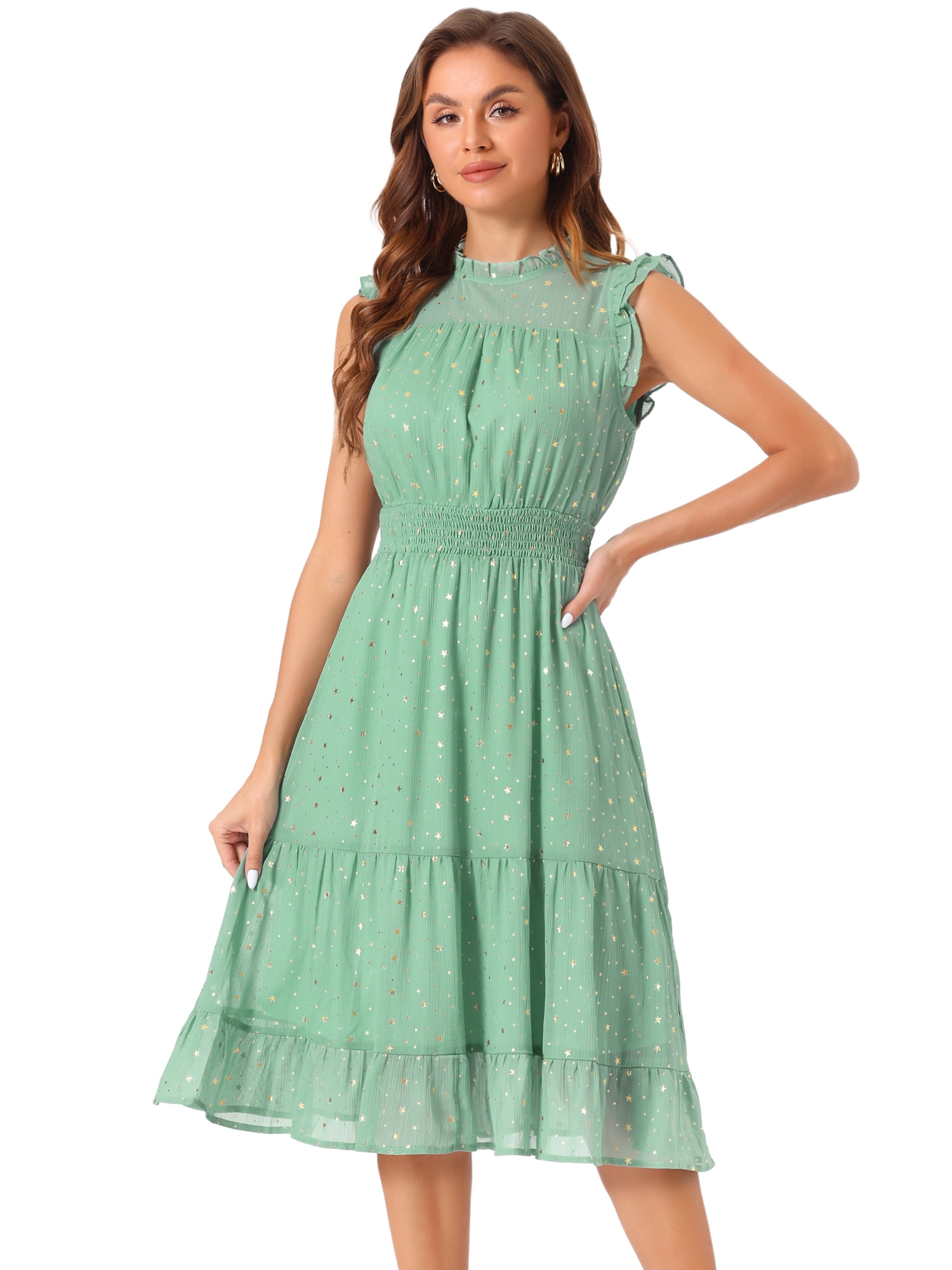DARING DIVA Smocked Waist Gilding Metallic Stars Chiffon Dress M Green