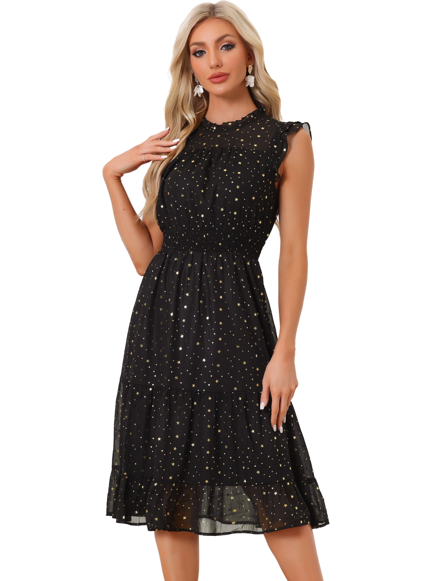 DARING DIVA Smocked Waist Gilding Metallic Stars Chiffon Dress S Black