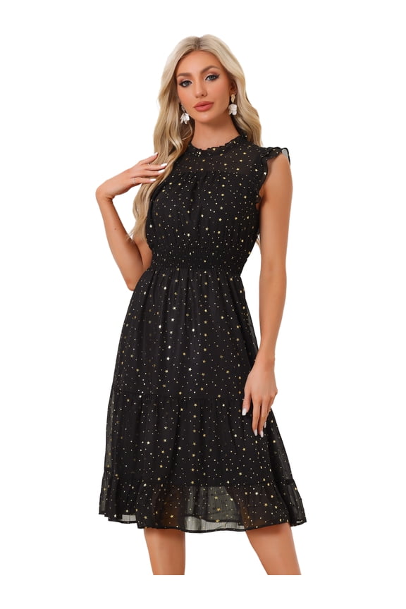 Smocked Waist Gilding Metallic Stars Chiffon Dress XL Black