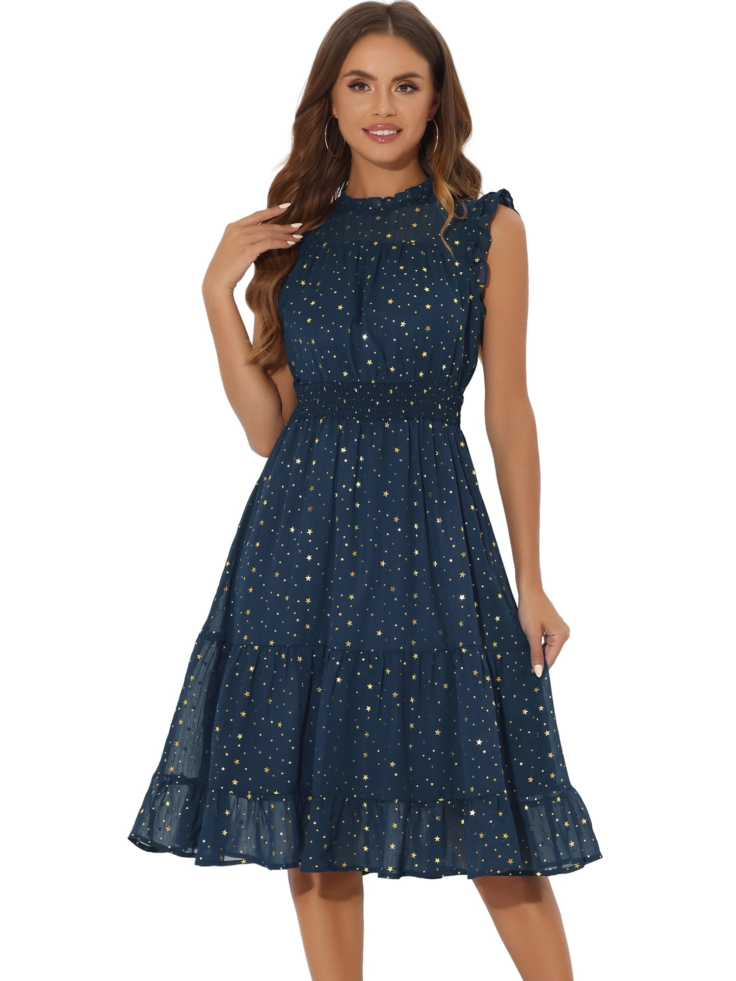 DARING DIVA Smocked Waist Gilding Metallic Stars Chiffon Dress XS Dark Blue