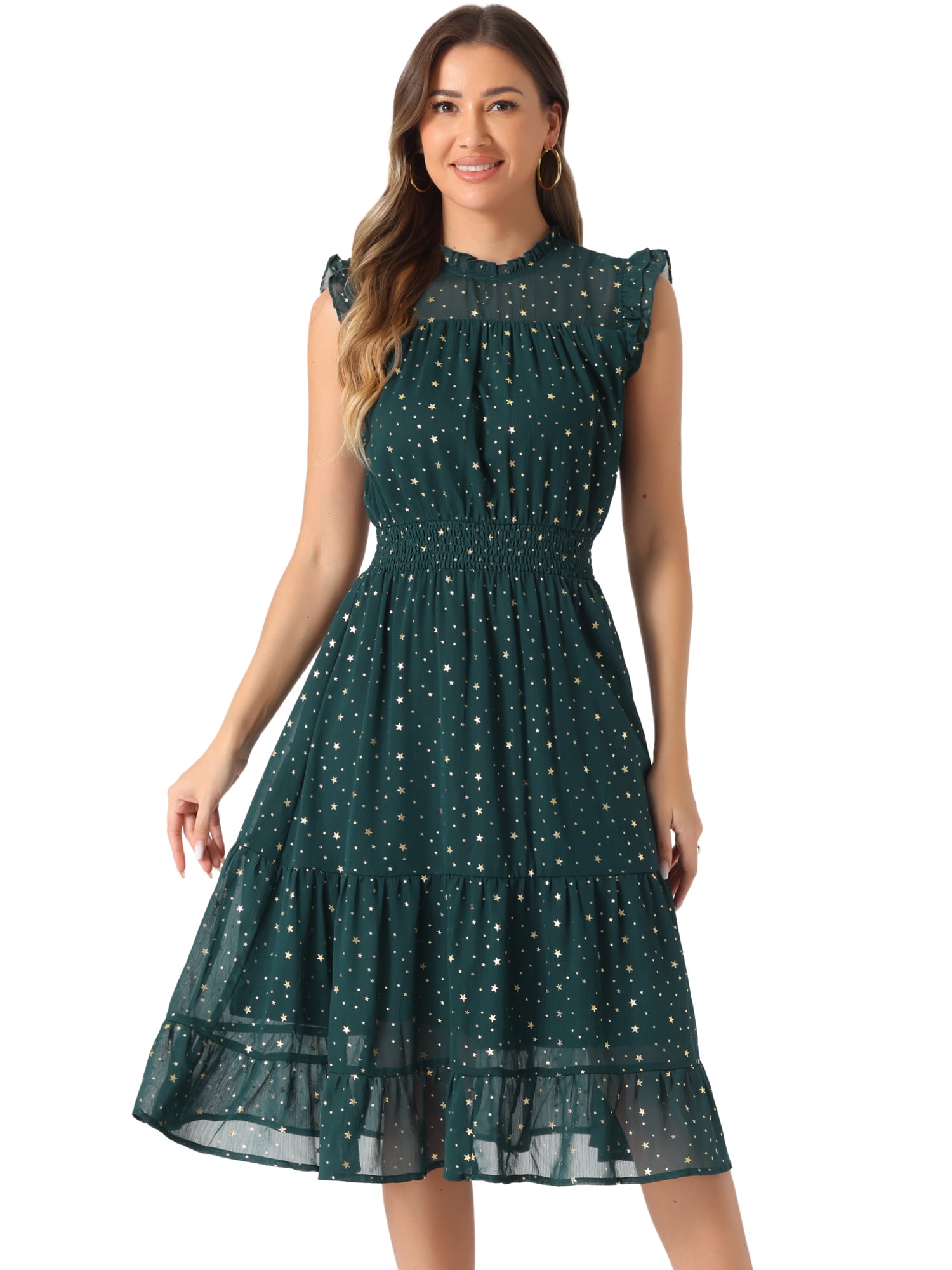 DARING DIVA Smocked Waist Gilding Metallic Stars Chiffon Dress XS Dark Green