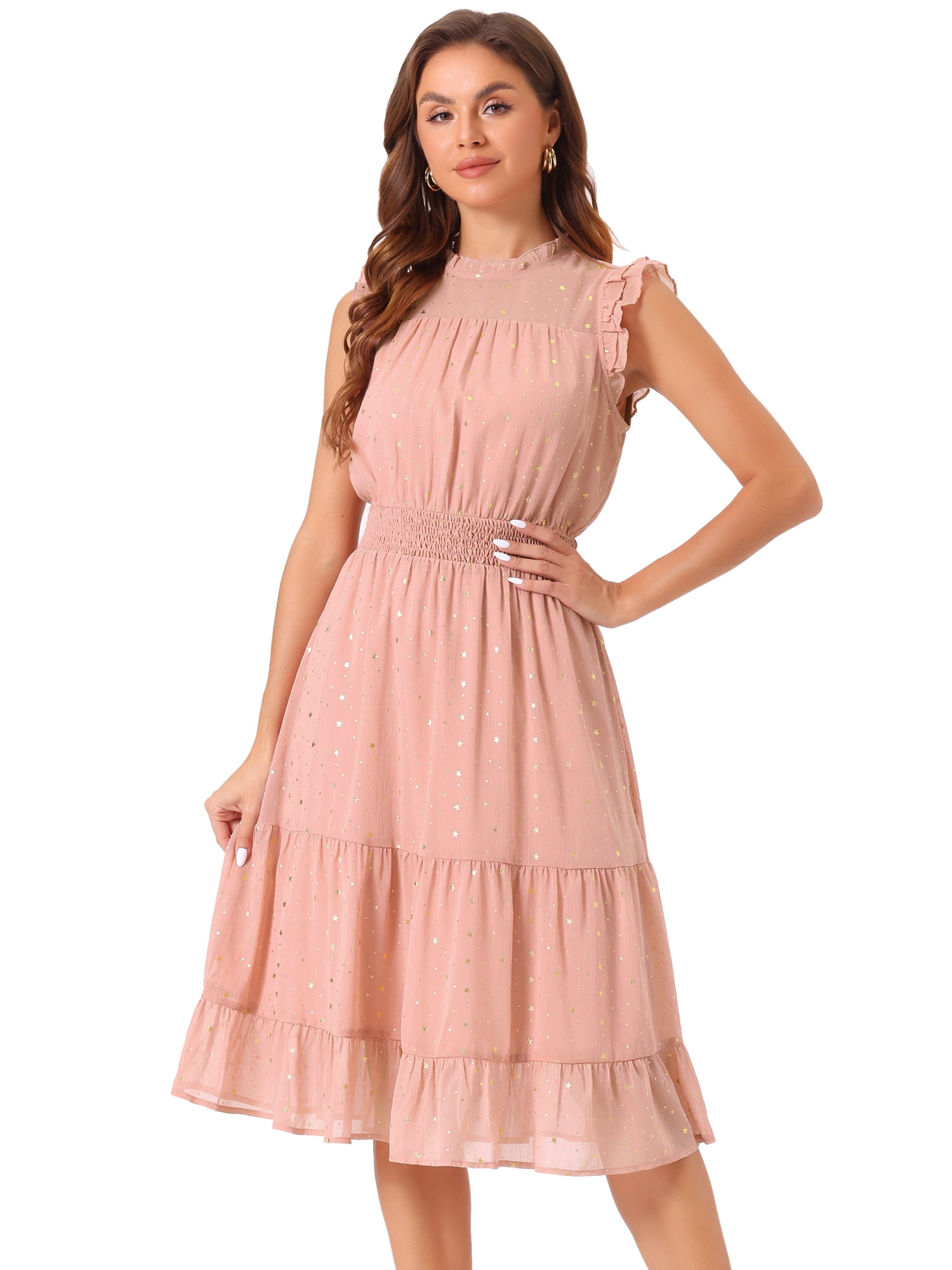 DARING DIVA Smocked Waist Gilding Metallic Stars Chiffon Dress XS Dusty Pink