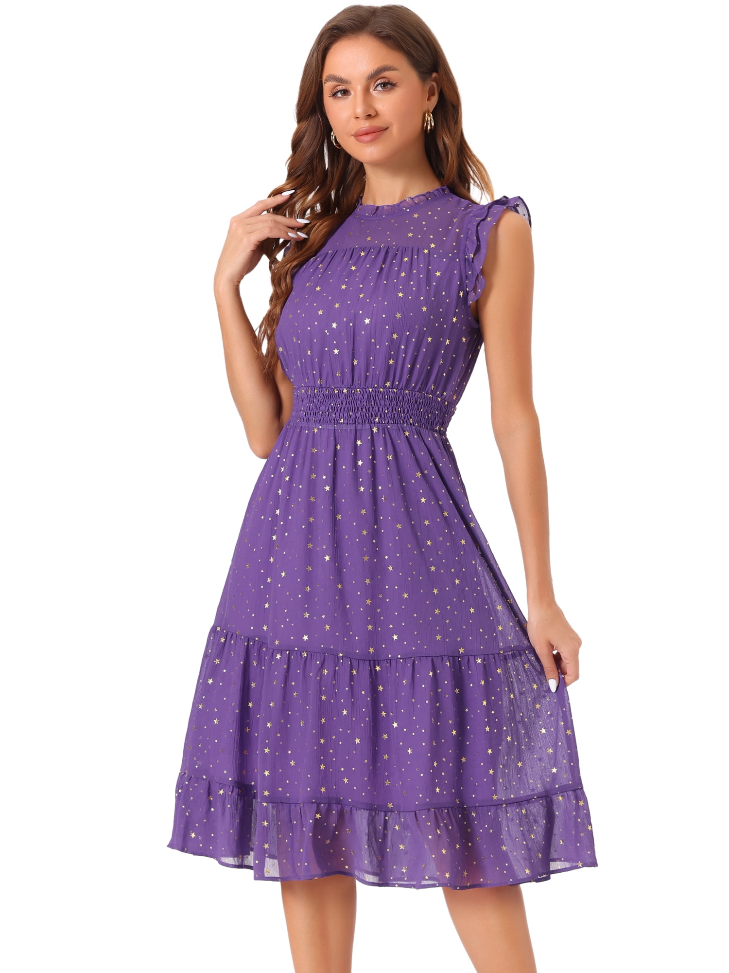 DARING DIVA Smocked Waist Gilding Metallic Stars Chiffon Dress XS Purple