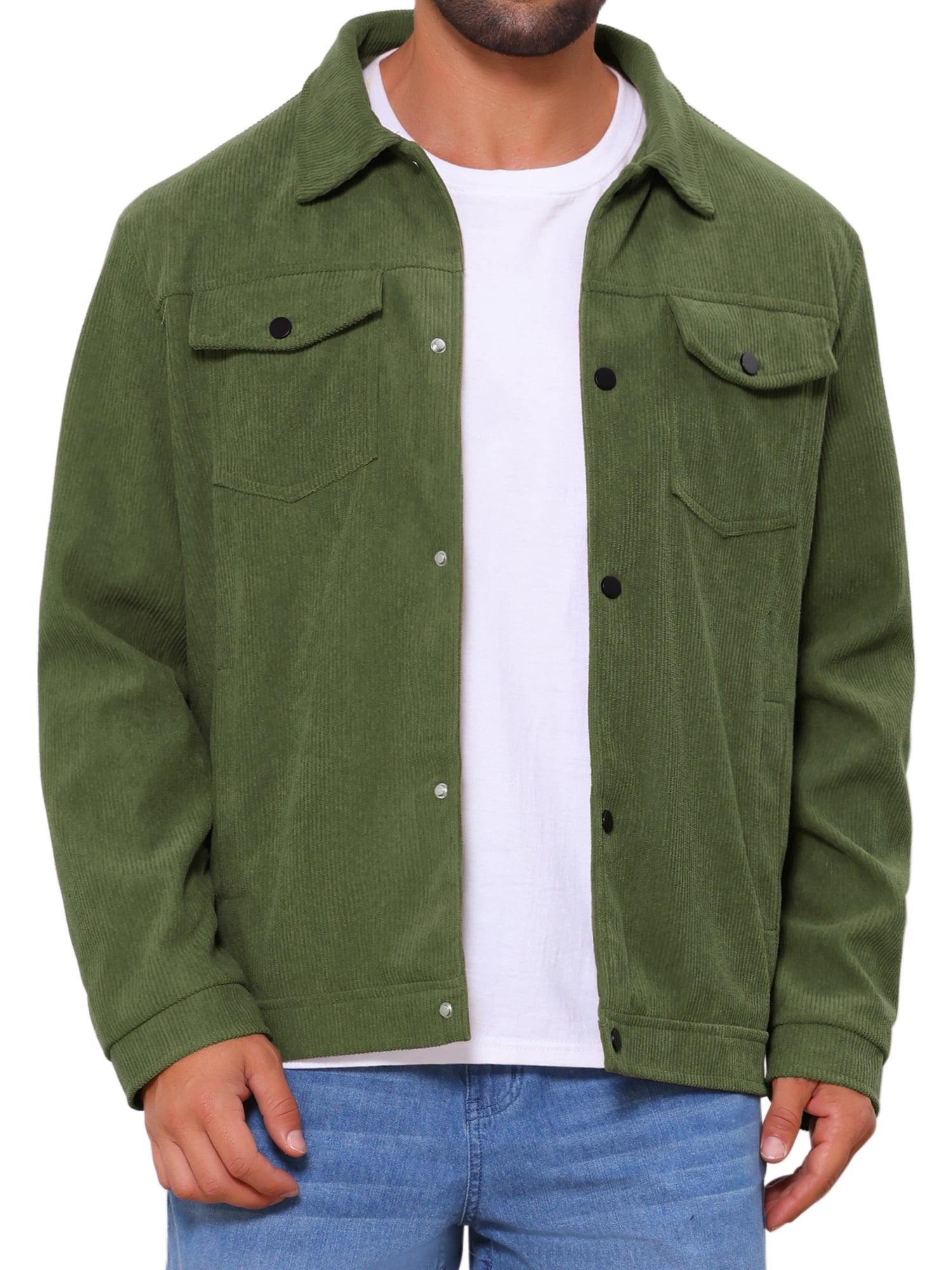 DARING DIVA Men's Solid Long Sleeve Button Pockets Corduroy Trucker Jacket L Green