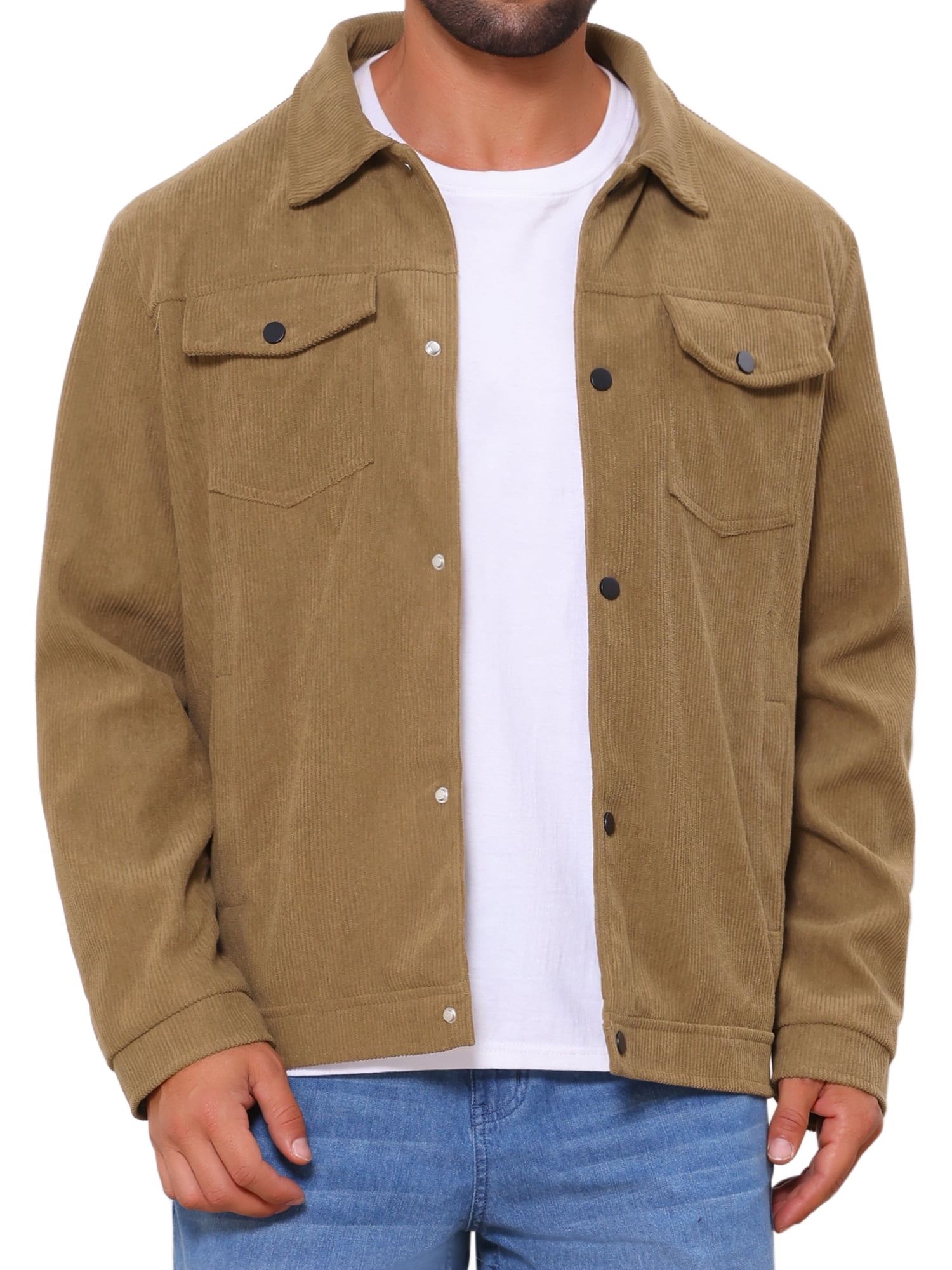 DARING DIVA Men's Solid Long Sleeve Button Pockets Corduroy Trucker Jacket M Brown