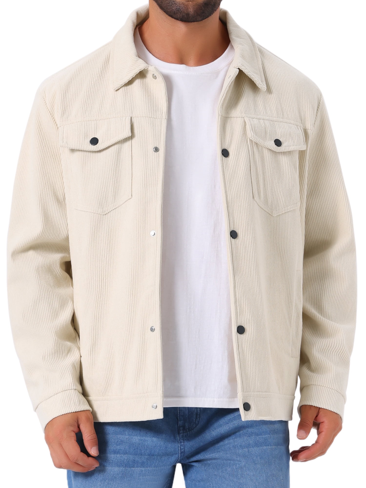 DARING DIVA Men's Solid Long Sleeve Button Pockets Corduroy Trucker Jacket M White