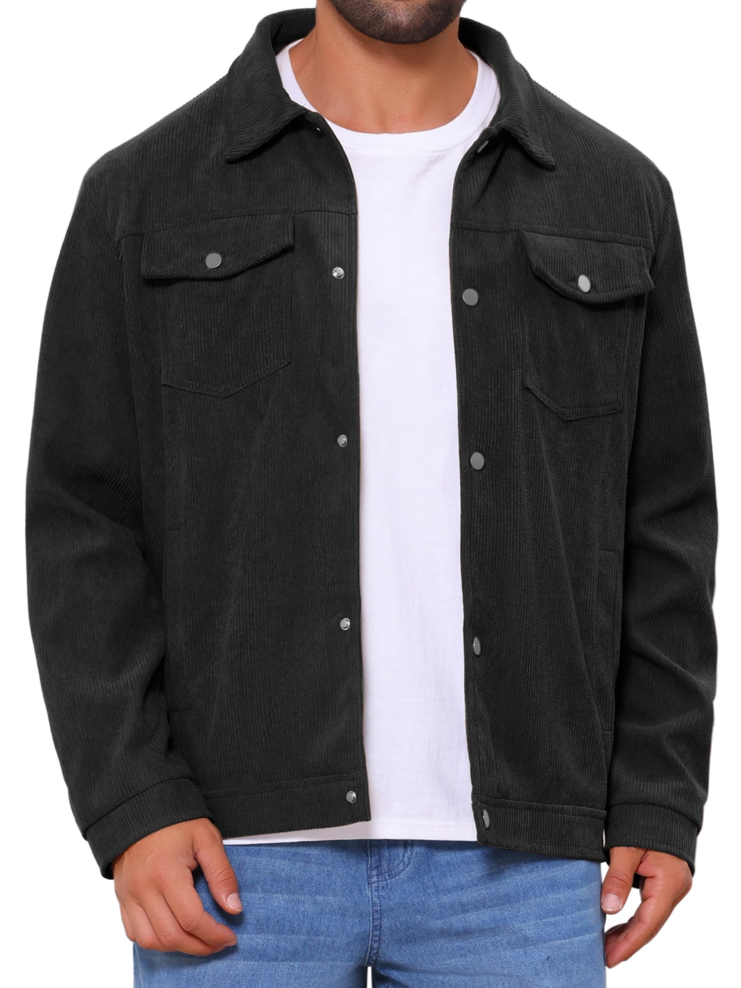 DARING DIVA Men's Solid Long Sleeve Button Pockets Corduroy Trucker Jacket XL Black