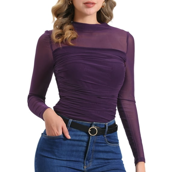 DARING DIVA Solid Mock Neck Sheer Panel Top XL Purple