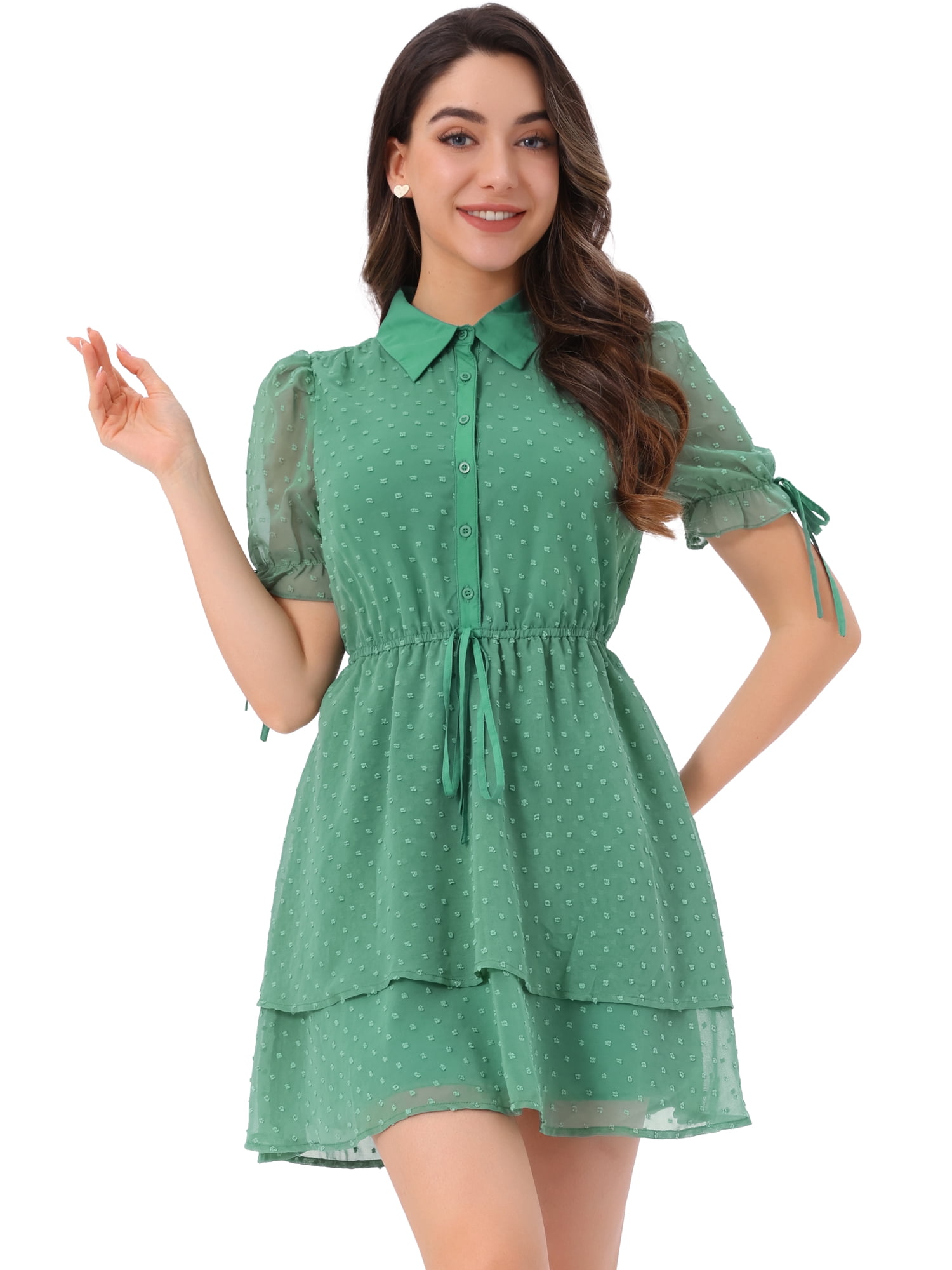 DARING DIVA Women's Gothic Collar Floral Drawstring Layered Chiffon Dress L Light Green